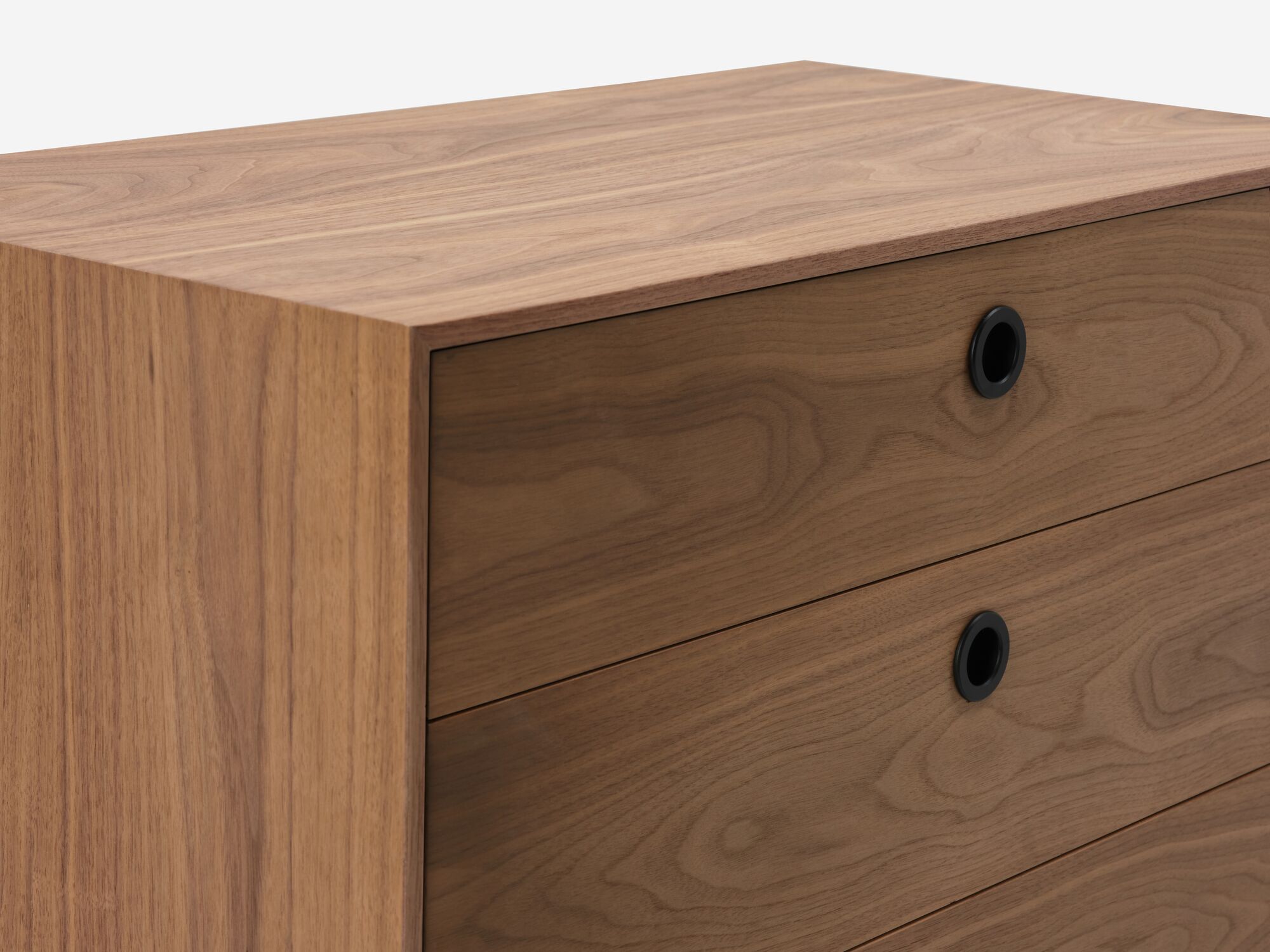 Walnut mid century chest of drawers left corner detail view